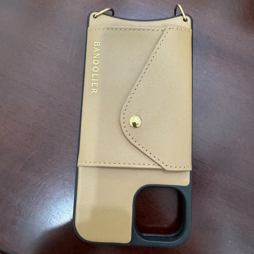 Bandolier I phone case for iPhone 13 in tan and gold